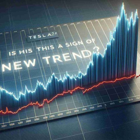 A realistic high-definition photo of a graph illustrating a sudden spike in Tesla's stock price, with the question 'Is this the sign of a new trend?' overlaid in text.