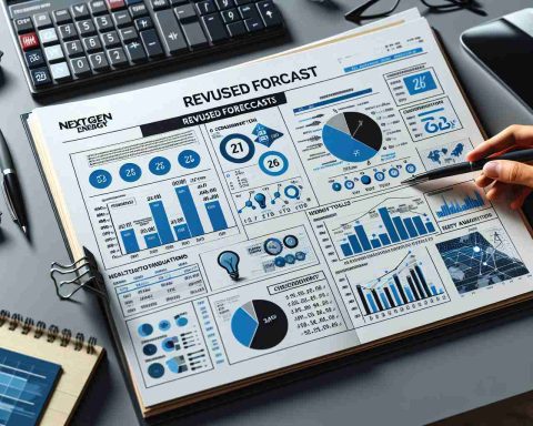 Generate a realistic high definition image of an analysis report displaying revised forecasts for a fictional energy company called 'NextGen Energy'. The image should depict statistical graphs, charts, and key indicators indicating change in energy production and consumption. The report should appear to be on a modern office desk with other analytics tools like a calculator, pen, and notebook.