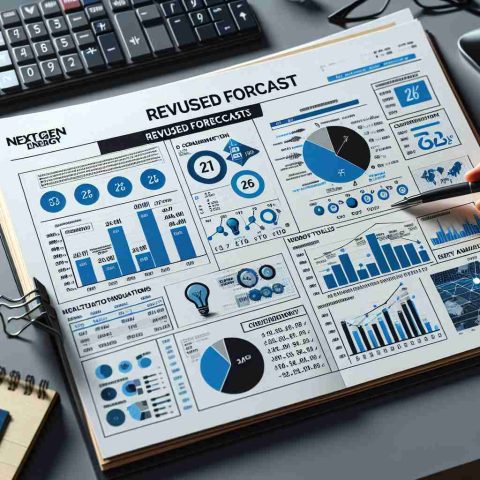 Generate a realistic high definition image of an analysis report displaying revised forecasts for a fictional energy company called 'NextGen Energy'. The image should depict statistical graphs, charts, and key indicators indicating change in energy production and consumption. The report should appear to be on a modern office desk with other analytics tools like a calculator, pen, and notebook.