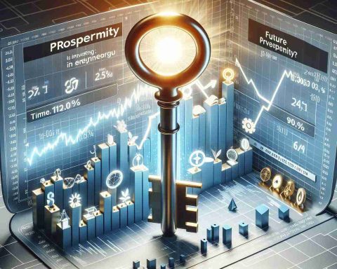 A high-definition, realistic representation of the concept: 'Is investing in energy the key to unlocking future prosperity?'. The scene contains visual metaphors like a stock exchange graph with symbols for various types of energy (solar, wind, nuclear) on the Y-axis and time on the X-axis. The graph display shows a steady increase, symbolizing rising investments. In the background, there is a large key with the word 'prosperity' on it, being unlocked by another key labeled 'energy investment'.