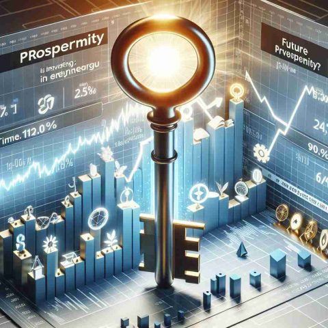 A high-definition, realistic representation of the concept: 'Is investing in energy the key to unlocking future prosperity?'. The scene contains visual metaphors like a stock exchange graph with symbols for various types of energy (solar, wind, nuclear) on the Y-axis and time on the X-axis. The graph display shows a steady increase, symbolizing rising investments. In the background, there is a large key with the word 'prosperity' on it, being unlocked by another key labeled 'energy investment'.