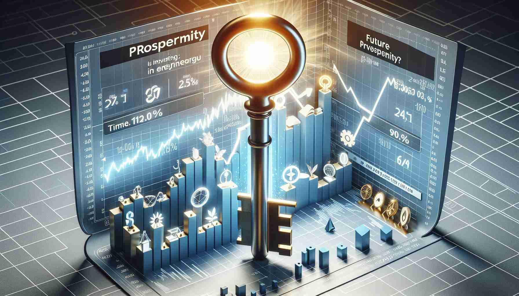 A high-definition, realistic representation of the concept: 'Is investing in energy the key to unlocking future prosperity?'. The scene contains visual metaphors like a stock exchange graph with symbols for various types of energy (solar, wind, nuclear) on the Y-axis and time on the X-axis. The graph display shows a steady increase, symbolizing rising investments. In the background, there is a large key with the word 'prosperity' on it, being unlocked by another key labeled 'energy investment'.