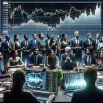 Realistic high-definition image of a scene where a group of business analysts, including Black and Caucasian women, as well as Middle-Eastern and South Asian men, are conveying startling financial news to a diverse assembly of investors. Include visual elements such as stock exchange screens displaying the logo of a hypothetical energy company, fluctuating stock graphs and concerned expressions among the crowd as they adjust to the unexpected revisions in financial estimates.