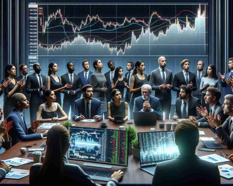 Realistic high-definition image of a scene where a group of business analysts, including Black and Caucasian women, as well as Middle-Eastern and South Asian men, are conveying startling financial news to a diverse assembly of investors. Include visual elements such as stock exchange screens displaying the logo of a hypothetical energy company, fluctuating stock graphs and concerned expressions among the crowd as they adjust to the unexpected revisions in financial estimates.