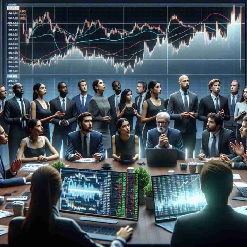 Realistic high-definition image of a scene where a group of business analysts, including Black and Caucasian women, as well as Middle-Eastern and South Asian men, are conveying startling financial news to a diverse assembly of investors. Include visual elements such as stock exchange screens displaying the logo of a hypothetical energy company, fluctuating stock graphs and concerned expressions among the crowd as they adjust to the unexpected revisions in financial estimates.