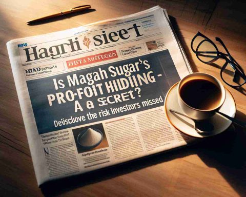 An HD image of a newspaper headline that reads 'Is Magadh Sugar's Profit Hiding a Secret? Discover the Risk Investors Missed'. The newspaper is on a wooden table lit with soft morning light, a cup of freshly brewed coffee and pair of reading glasses are laid next to it.