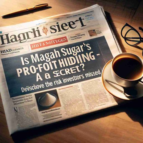 An HD image of a newspaper headline that reads 'Is Magadh Sugar's Profit Hiding a Secret? Discover the Risk Investors Missed'. The newspaper is on a wooden table lit with soft morning light, a cup of freshly brewed coffee and pair of reading glasses are laid next to it.