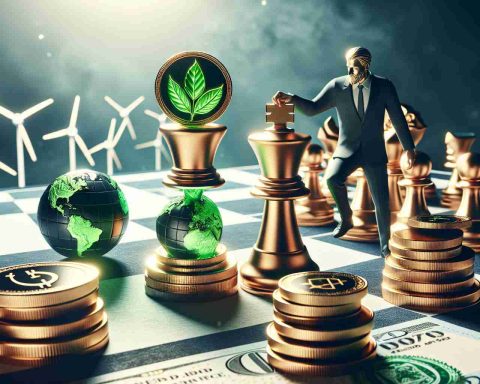 Create a highly detailed, HD image of IREDA's bold market move symbolized as a chess piece making a significant move on a chessboard. Include aspects that represent Global Green Finance, perhaps in the form of gold coins with green leaf emblems or currency notes with solar panels and wind turbines printed on them. Imbue the scene with a serious and impactful tone to denote the importance and potential consequences of these actions.