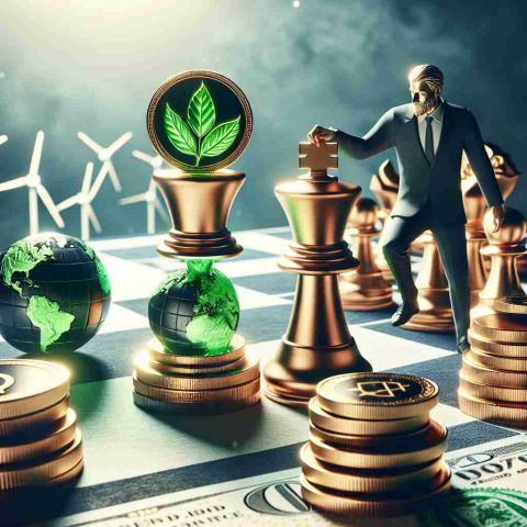 Create a highly detailed, HD image of IREDA's bold market move symbolized as a chess piece making a significant move on a chessboard. Include aspects that represent Global Green Finance, perhaps in the form of gold coins with green leaf emblems or currency notes with solar panels and wind turbines printed on them. Imbue the scene with a serious and impactful tone to denote the importance and potential consequences of these actions.