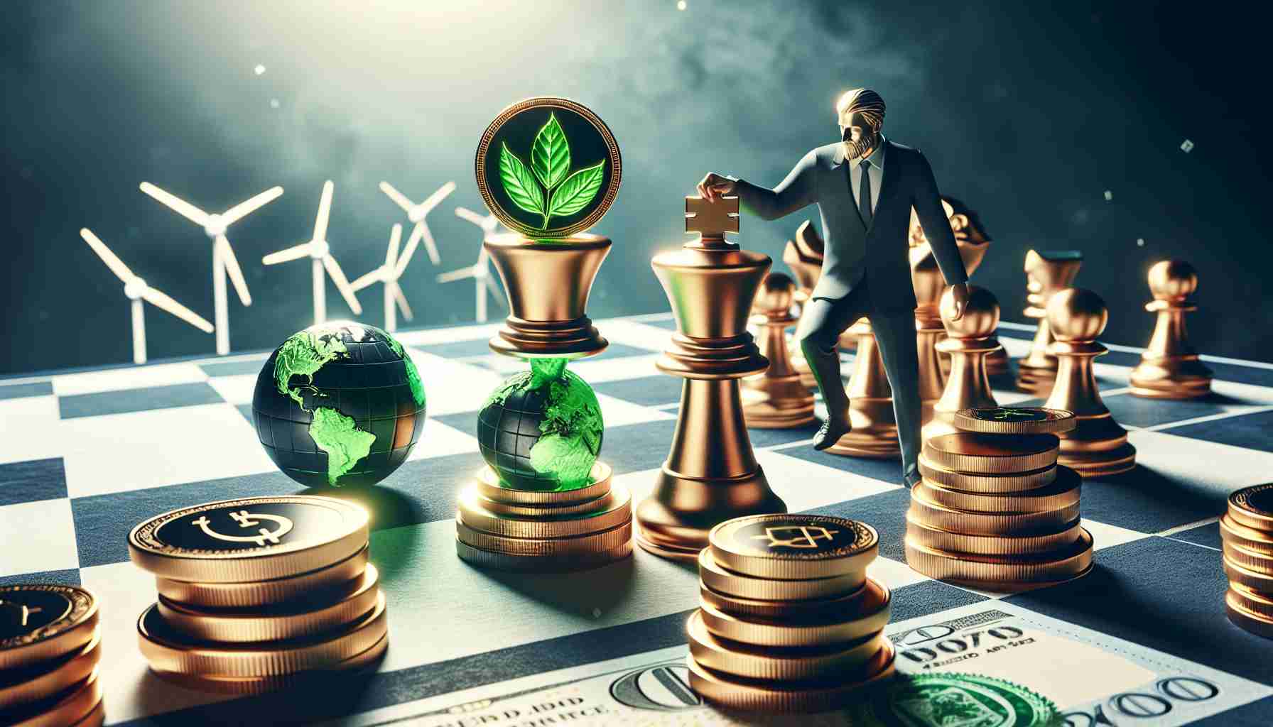 Create a highly detailed, HD image of IREDA's bold market move symbolized as a chess piece making a significant move on a chessboard. Include aspects that represent Global Green Finance, perhaps in the form of gold coins with green leaf emblems or currency notes with solar panels and wind turbines printed on them. Imbue the scene with a serious and impactful tone to denote the importance and potential consequences of these actions.