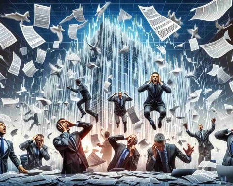 Illustrative representation of a high-resolution concept image depicting the intense scenario of a massive Initial Public Offering (IPO). The image should be able to symbolise the underlying tension, complexity, and criticality of such financial events that are of high importance in the business world. Imagine papers flying about representing documents of the offering, a dynamic and volatile stock market graph, and worried expressions of diverse business people who are analyzing the situation.