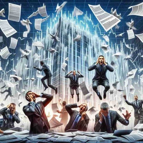 Illustrative representation of a high-resolution concept image depicting the intense scenario of a massive Initial Public Offering (IPO). The image should be able to symbolise the underlying tension, complexity, and criticality of such financial events that are of high importance in the business world. Imagine papers flying about representing documents of the offering, a dynamic and volatile stock market graph, and worried expressions of diverse business people who are analyzing the situation.