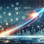 Generate a realistic high-definition image depicting a conceptual interpretation of a market shake-up in fintech, symbolized by an upward-facing arrow showing a meteoric rise. Include visual elements such as digital charts, graphs, and financial symbols.