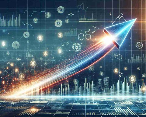 Generate a realistic high-definition image depicting a conceptual interpretation of a market shake-up in fintech, symbolized by an upward-facing arrow showing a meteoric rise. Include visual elements such as digital charts, graphs, and financial symbols.