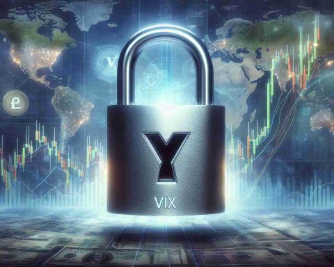 Create a realistic, highly detailed image representing the concept of unlocking the secrets of the 'Fear Index', a term used to reference the VIX index. Show a large padlock against a backdrop of potential financial futures like graphs, currencies, and stock market charts. Give the padlock a keyhole shaped like the VIX logo to suggest it holds the answers to understanding future financial trends.