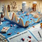 A realistic high-definition image depicting the theme 'Breakthrough or Bust' related to the pharmaceutical industry. The scene can include symbolic elements such as lab equipment, pills, and research papers scattered around a desk. A graph depicting a roller-coaster-like line, symbolizing the unpredictable nature of pharmaceutical breakthroughs, is also seen. The overall mood of the image should hint at both the high stakes of new research ventures and the surprising tactics employed in the field.