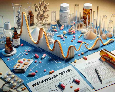 A realistic high-definition image depicting the theme 'Breakthrough or Bust' related to the pharmaceutical industry. The scene can include symbolic elements such as lab equipment, pills, and research papers scattered around a desk. A graph depicting a roller-coaster-like line, symbolizing the unpredictable nature of pharmaceutical breakthroughs, is also seen. The overall mood of the image should hint at both the high stakes of new research ventures and the surprising tactics employed in the field.