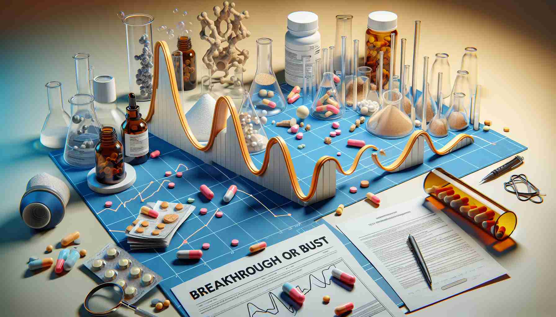 A realistic high-definition image depicting the theme 'Breakthrough or Bust' related to the pharmaceutical industry. The scene can include symbolic elements such as lab equipment, pills, and research papers scattered around a desk. A graph depicting a roller-coaster-like line, symbolizing the unpredictable nature of pharmaceutical breakthroughs, is also seen. The overall mood of the image should hint at both the high stakes of new research ventures and the surprising tactics employed in the field.