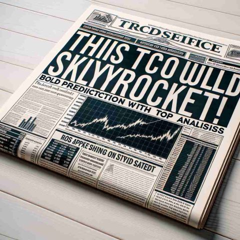 A highly detailed and realistic image of a newspaper headline stating 'This Stock Could Skyrocket! Bold Prediction From Top Analysts'. The headline is in large, bold letters, dominating the top part of the newspaper layout. Beneath it, there are columns of smaller text representing the body of the article and an accompanying chart showing a rising trend in stock market. The newspaper looks freshly printed, crisp with sharp edges, laid out on a light, wooden table.