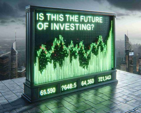 A realistic, high-definition image of a financial market ticker showcasing the behavior of green energy sector shares, specifically symbolizing the fluctuating nature of Renewable Energy Stocks. The ticker should be filled with green-colored numbers to denote positivity and growth. The backdrop can be a cityscape to symbolize commerce and trade. The text 'Is this the future of investing?' is portrayed above the ticker, creating an element of contemplation about the sustainability of investment in the green energy sector.