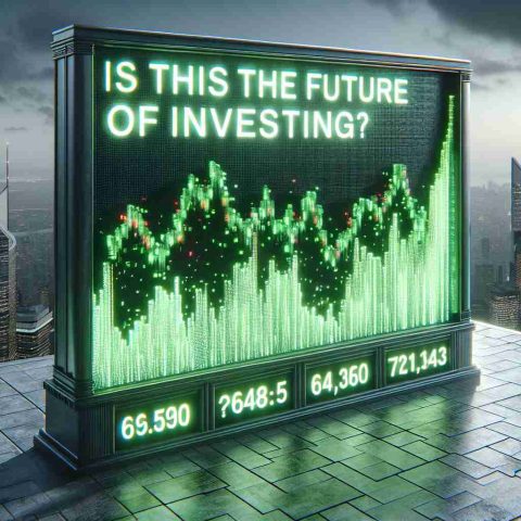 A realistic, high-definition image of a financial market ticker showcasing the behavior of green energy sector shares, specifically symbolizing the fluctuating nature of Renewable Energy Stocks. The ticker should be filled with green-colored numbers to denote positivity and growth. The backdrop can be a cityscape to symbolize commerce and trade. The text 'Is this the future of investing?' is portrayed above the ticker, creating an element of contemplation about the sustainability of investment in the green energy sector.