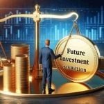 Realistic HD image symbolizing a high-stakes financial move worth $10 billion for future prosperity. Picture should depict a person assertively placing a giant gold coin, engraved with the words 'Future Investment', on a shiny golden scale.