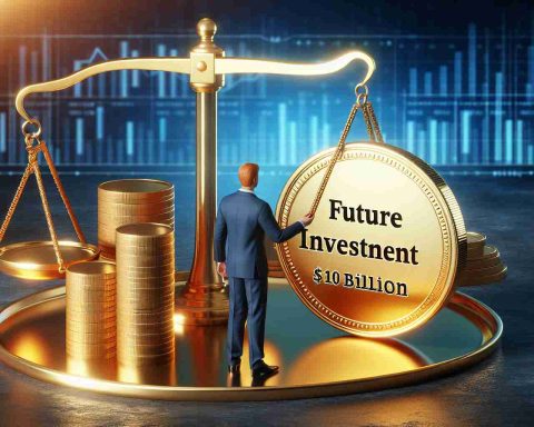 Realistic HD image symbolizing a high-stakes financial move worth $10 billion for future prosperity. Picture should depict a person assertively placing a giant gold coin, engraved with the words 'Future Investment', on a shiny golden scale.