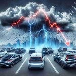 Create a highly detailed and realistic image that represents a turbulent time in the electric vehicle revolution. The image should convey a financial storm with elements like plummeting stock graphs, hovering above an array of electric vehicles. Include symbolic elements like thunder, rain, and dark clouds to represent the financial difficulties faced in the industry.