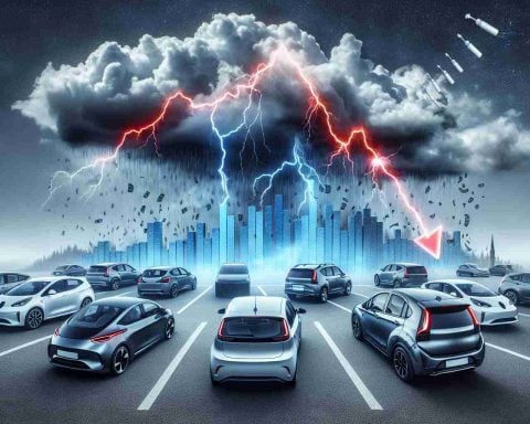 Create a highly detailed and realistic image that represents a turbulent time in the electric vehicle revolution. The image should convey a financial storm with elements like plummeting stock graphs, hovering above an array of electric vehicles. Include symbolic elements like thunder, rain, and dark clouds to represent the financial difficulties faced in the industry.