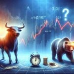 Create a high-definition, realistic image representing the concept of a surging stock market witnessing sudden declines after noon. The major elements involve a bull symbolizing the surge, and a bear representing the fall. Perhaps the scene shows a graph in the background with a sharp upward trend, suddenly taking a downturn after the midpoint. Please illustrate the time of day by featuring a clock showing just past twelve, signifying noon, in the scene. Also consider including a question mark, hinting at the sustainability of the gains.