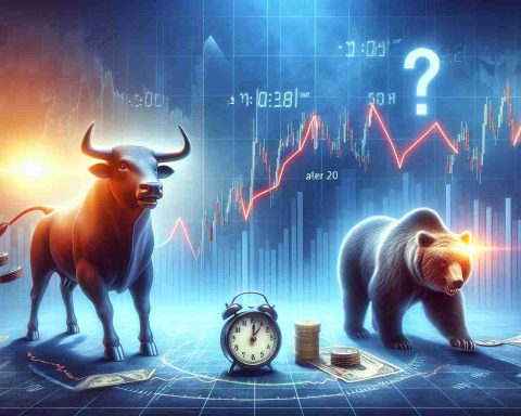 Create a high-definition, realistic image representing the concept of a surging stock market witnessing sudden declines after noon. The major elements involve a bull symbolizing the surge, and a bear representing the fall. Perhaps the scene shows a graph in the background with a sharp upward trend, suddenly taking a downturn after the midpoint. Please illustrate the time of day by featuring a clock showing just past twelve, signifying noon, in the scene. Also consider including a question mark, hinting at the sustainability of the gains.