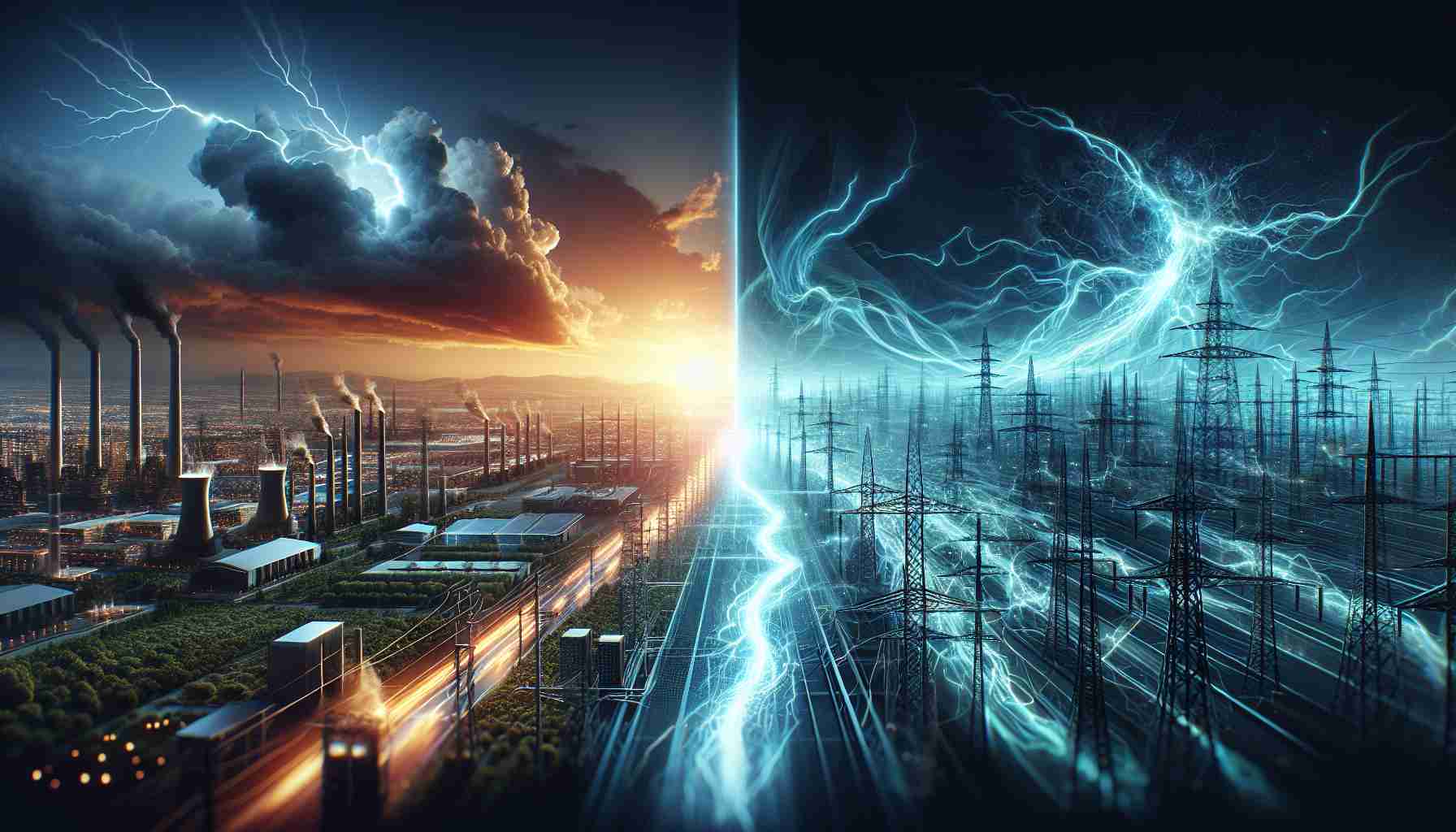 A dynamic and realistic high-definition scene representing a significant event in the energy sector causing substantial shockwaves across the world. The image should hint at the magnitude of the shift, showing a before-and-after comparison highlighting the transformations. Please depict dramatic changes in energy infrastructure, electricity networks, and related technological advancements, showcasing the majors shift from traditional to cutting-edge techniques. However, exclude real companies or specific identifiable elements.