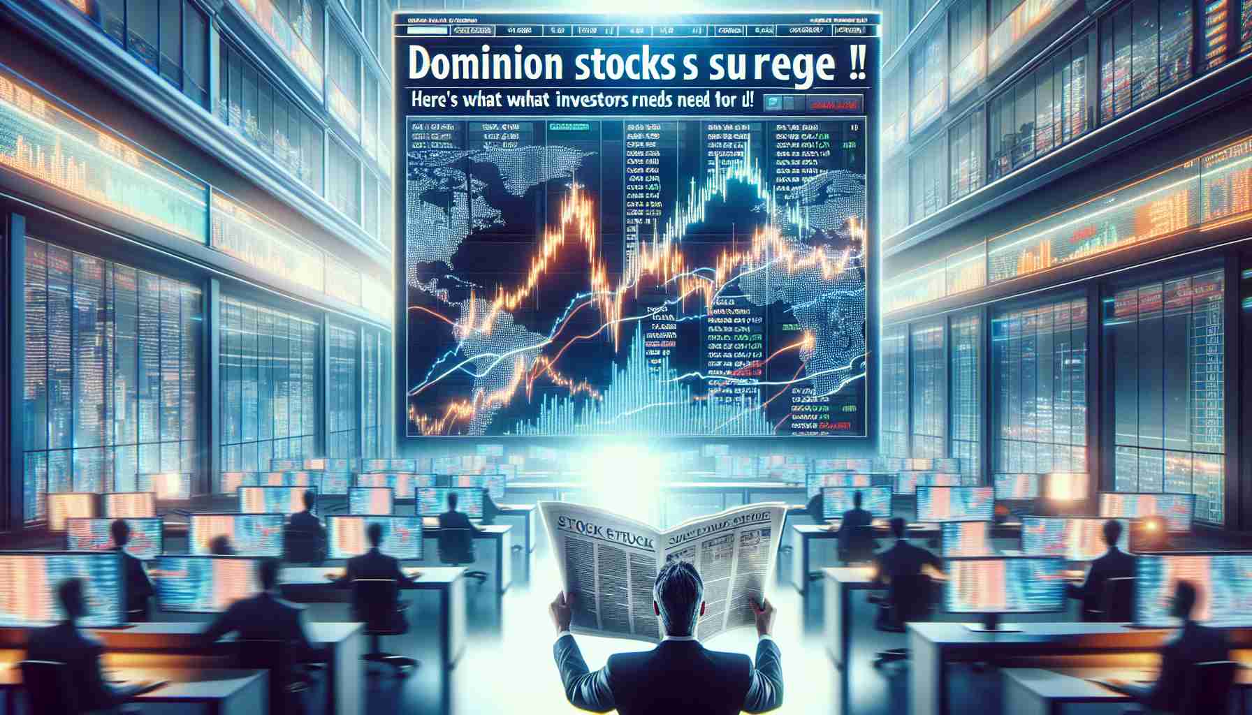 Create a detailed, high-definition image of a stock market scene with indications of a significant increase in stocks. The scene should depict a newspaper headline reading 'Dominion Stocks Surge! Here's What Investors Need to Know’. Please include visuals of stock charts showing a surge, stock traders looking jubilant, and perhaps some technology interfaces depicting real-time stock tracking. The atmosphere should be euphoric.