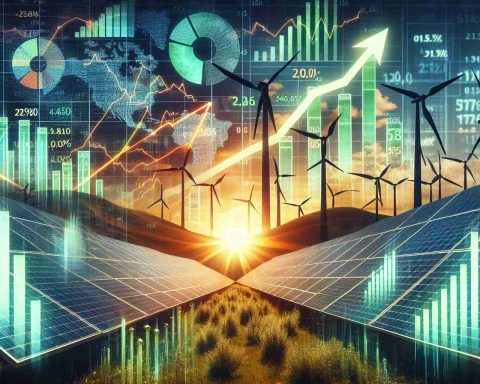 A hyper-realistic, high definition image showcasing the crucial aspect behind the boom in green energy initial public offerings (IPOs). The image should capture the essence of renewable sources like solar and wind energy, juxtaposed against graphs showing the rising trend of these IPOs. This could include metaphorical elements such as a sunlit field of solar panels with the silhouette of wind turbines in the background, overlaid with vivid depictions of upward-climbing bar graphs and pie charts denoting share market value and growth. Everything should reflect the prosperity and promising future of green energy in the financial world.