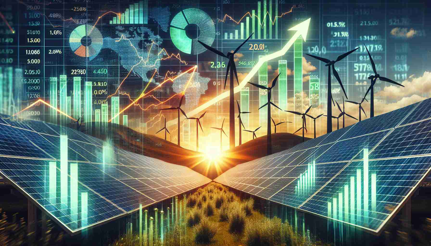 A hyper-realistic, high definition image showcasing the crucial aspect behind the boom in green energy initial public offerings (IPOs). The image should capture the essence of renewable sources like solar and wind energy, juxtaposed against graphs showing the rising trend of these IPOs. This could include metaphorical elements such as a sunlit field of solar panels with the silhouette of wind turbines in the background, overlaid with vivid depictions of upward-climbing bar graphs and pie charts denoting share market value and growth. Everything should reflect the prosperity and promising future of green energy in the financial world.