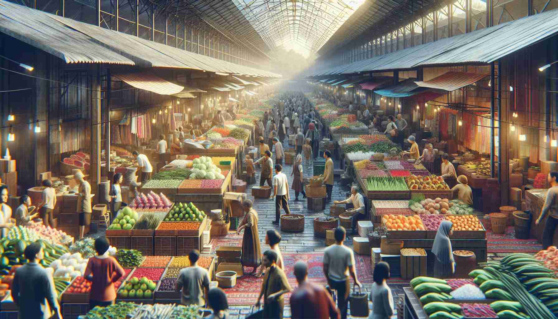 Generate a realistic, high-definition image of a bustling new market. The scene should exude vitality, with numerous stalls lined with a diverse array of goods, from fresh fruits and vegetables to handcrafted items. Emphasize the vibrant colors of the products on display, giving a sense of the opportunities this market represents. Include people of various genre interacting with vendors, examining product, bargaining, or simply appreciating the lively ambiance. Let the image tell a story of progress, entrepreneurship, and new opportunities.