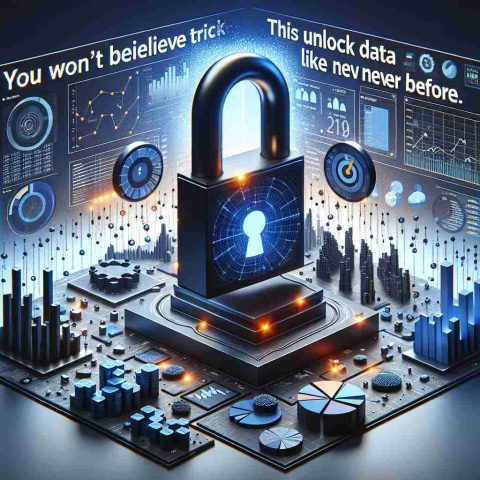 High-definition realistic image of a 3D composition depicting the concept of data access and interpretation. The scene includes a stylized lock being opened as a metaphor representing data unlocking, surrounded by various charts and graphs that appear to be unlocking or breaking down into simpler interpretations. Across the image, a banner reads: 'You Won't Believe This Simple Trick! Unlock Data Like Never Before.' in a striking yet professional font.