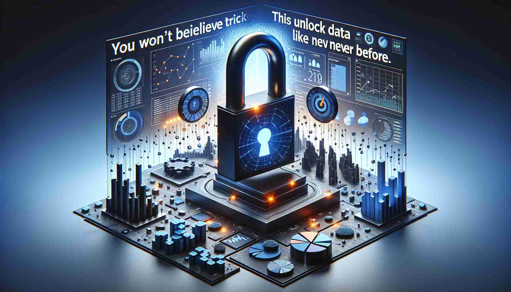 High-definition realistic image of a 3D composition depicting the concept of data access and interpretation. The scene includes a stylized lock being opened as a metaphor representing data unlocking, surrounded by various charts and graphs that appear to be unlocking or breaking down into simpler interpretations. Across the image, a banner reads: 'You Won't Believe This Simple Trick! Unlock Data Like Never Before.' in a striking yet professional font.