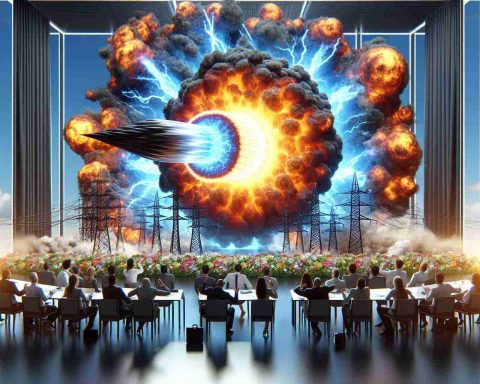 A high-definition, realistic image depicting a shocking reveal by a massive energy cooperation. The reveal seems to have caught the public attention and everyone seems to be discussing about it intensely.