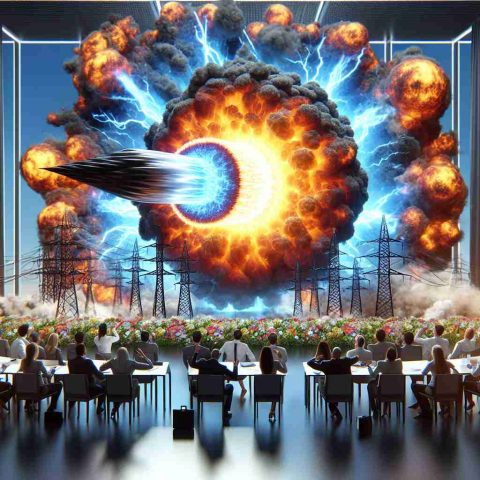 A high-definition, realistic image depicting a shocking reveal by a massive energy cooperation. The reveal seems to have caught the public attention and everyone seems to be discussing about it intensely.