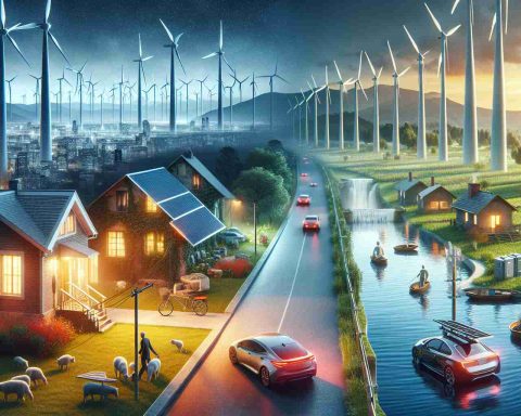 A realistic, high-definition image that portrays the concept of 'Is Renewable Energy Shaping the Future?', illustrating the unknown stories behind national shifts and their local impacts. Anticipate visuals such as wind turbines, solar panels, and hydroelectric dams on national scales, contrasted with locals using clean energy in their day-to-day lives, such as electric cars and solar-powered homes. The juxtaposition of these scenes should poignantly capture the transformation towards renewable energy sources.