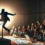 A hyper-realistic, high definition photograph of an energy executive, represented as a silhouetted figure engaging in a surprising act, such as standing on his desk in a corporate environment or turning on a wind turbine singlehandedly. The background displays shocked stockholders, represented as a diverse group of men and women of different descents including Caucasian, Hispanic, Black, Middle-Eastern, and South Asian, their faces illuminated by the glow of their laptops, expressing astonishment and disbelief. The scene captures the overall feeling of drama.