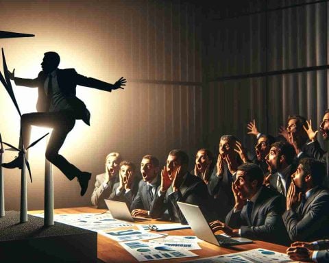 A hyper-realistic, high definition photograph of an energy executive, represented as a silhouetted figure engaging in a surprising act, such as standing on his desk in a corporate environment or turning on a wind turbine singlehandedly. The background displays shocked stockholders, represented as a diverse group of men and women of different descents including Caucasian, Hispanic, Black, Middle-Eastern, and South Asian, their faces illuminated by the glow of their laptops, expressing astonishment and disbelief. The scene captures the overall feeling of drama.