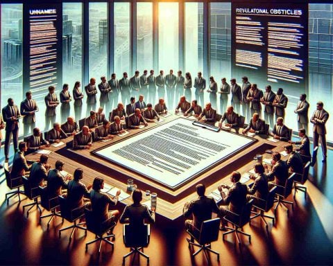 An ultra high-definition, realistic portrayal of an unnamed technology company making an unexpected agreement. This illustration should evoke tension, presage drama and denote regulatory obstacles in the pipeline. The scene can be imagined as a high-stakes business meeting with a large round table, surrounding by executives of diverse ethnic backgrounds and genders discussing intensely. An oversized contract is laid at the center of the table, with some executives studying it closely; others are in heated conversations. The room’s decor should be modern with signs symbolizing technology and progression.