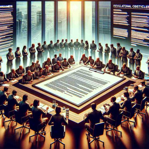 An ultra high-definition, realistic portrayal of an unnamed technology company making an unexpected agreement. This illustration should evoke tension, presage drama and denote regulatory obstacles in the pipeline. The scene can be imagined as a high-stakes business meeting with a large round table, surrounding by executives of diverse ethnic backgrounds and genders discussing intensely. An oversized contract is laid at the center of the table, with some executives studying it closely; others are in heated conversations. The room’s decor should be modern with signs symbolizing technology and progression.