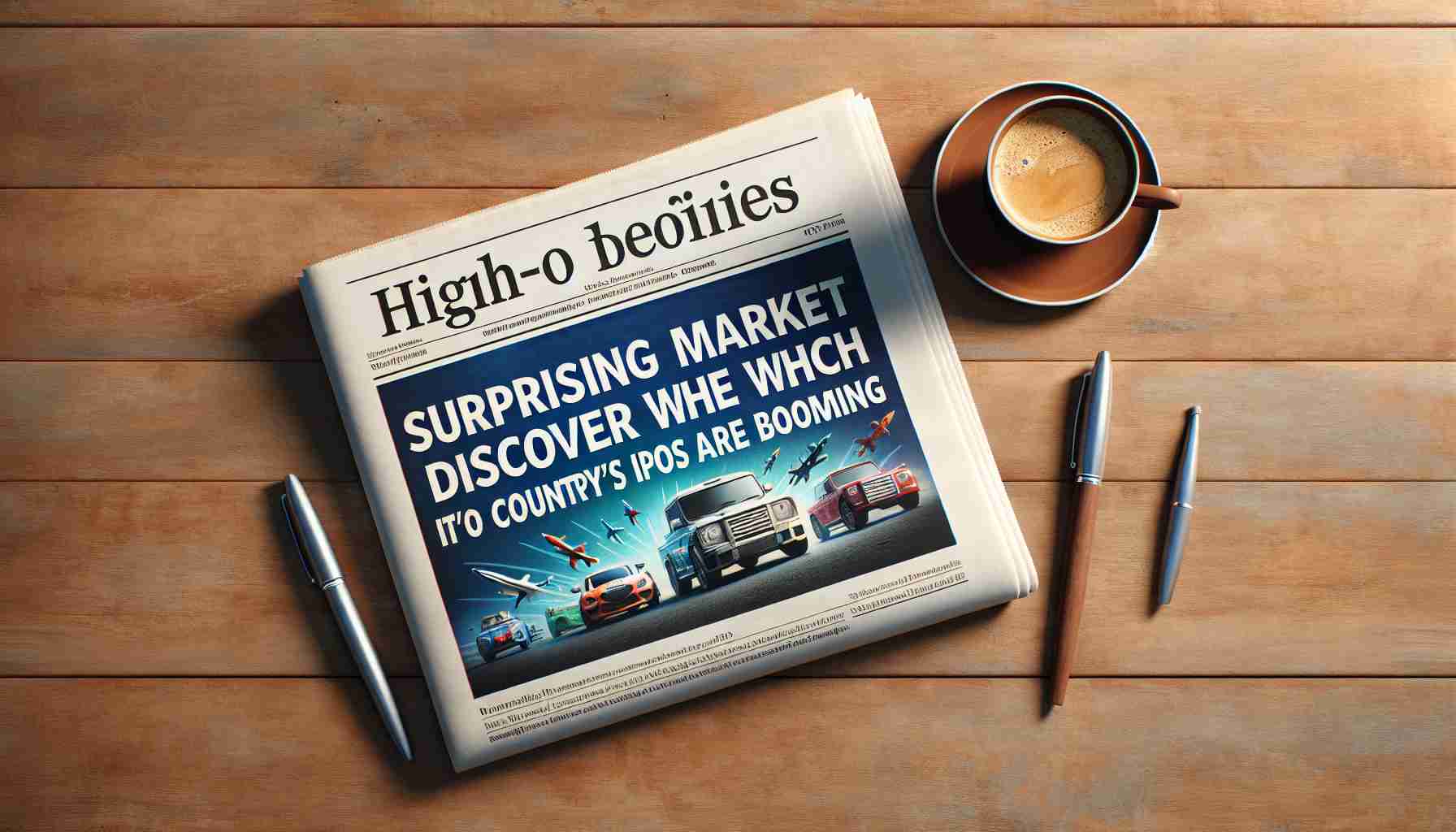 Create an image showcasing a high-definition snapshot of a newspaper headline that reads, 'Surprising Market Defies The Odds: Discover Which Country's IPOs are Booming'. The newspaper should be displayed on a wooden table with a cup of coffee next to it. Try to convey a sense of excitement and anticipation in the headline.