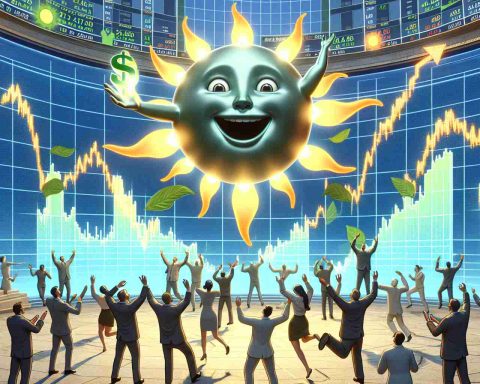 High resolution digital illustration that depicts the concept of investors showing increased interest in the stocks of a fictitious green energy company named Solarium Green Energy. The scene captures the unexpected turn of events, possibly showcasing fluctuating graphs representing stock prices, excited investors paying attention to these changes and symbolic elements of green solar energy.