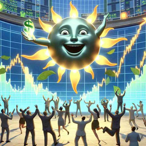 High resolution digital illustration that depicts the concept of investors showing increased interest in the stocks of a fictitious green energy company named Solarium Green Energy. The scene captures the unexpected turn of events, possibly showcasing fluctuating graphs representing stock prices, excited investors paying attention to these changes and symbolic elements of green solar energy.