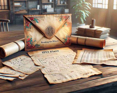 A photograph reflecting the theme 'Breaking the Silence' showing an opened traditional Chinese style sealed envelope on an old wooden desk that reveals a scroll with the words 'IPO Plans' written on it. Also, include a copy of anonymous handwritten notes with various calculations visible. The background features a softly lit room with a hint of a high-tech start-up office behind the desk. Make sure the image is vivid, high-resolution and realistic.