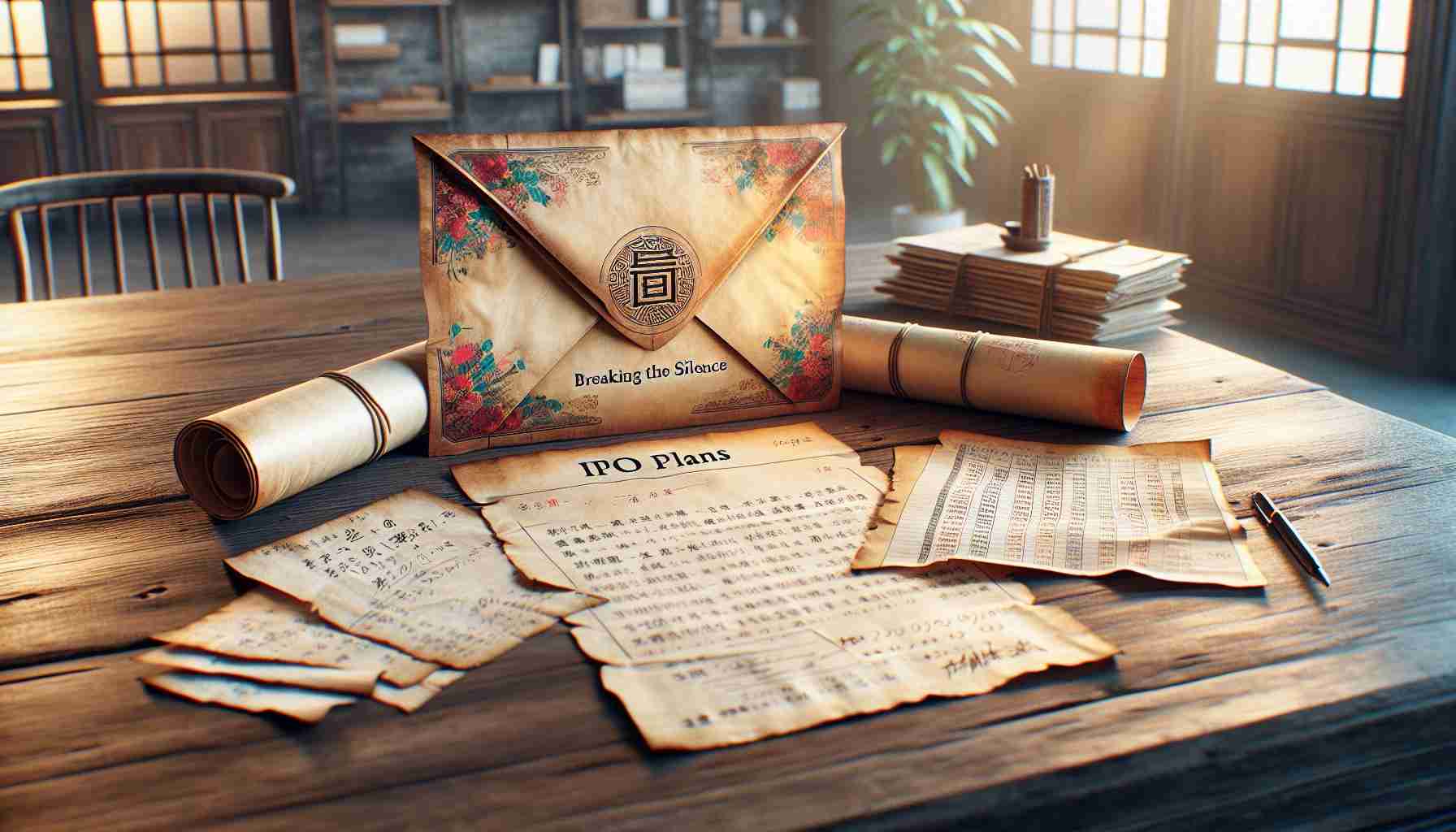 A photograph reflecting the theme 'Breaking the Silence' showing an opened traditional Chinese style sealed envelope on an old wooden desk that reveals a scroll with the words 'IPO Plans' written on it. Also, include a copy of anonymous handwritten notes with various calculations visible. The background features a softly lit room with a hint of a high-tech start-up office behind the desk. Make sure the image is vivid, high-resolution and realistic.